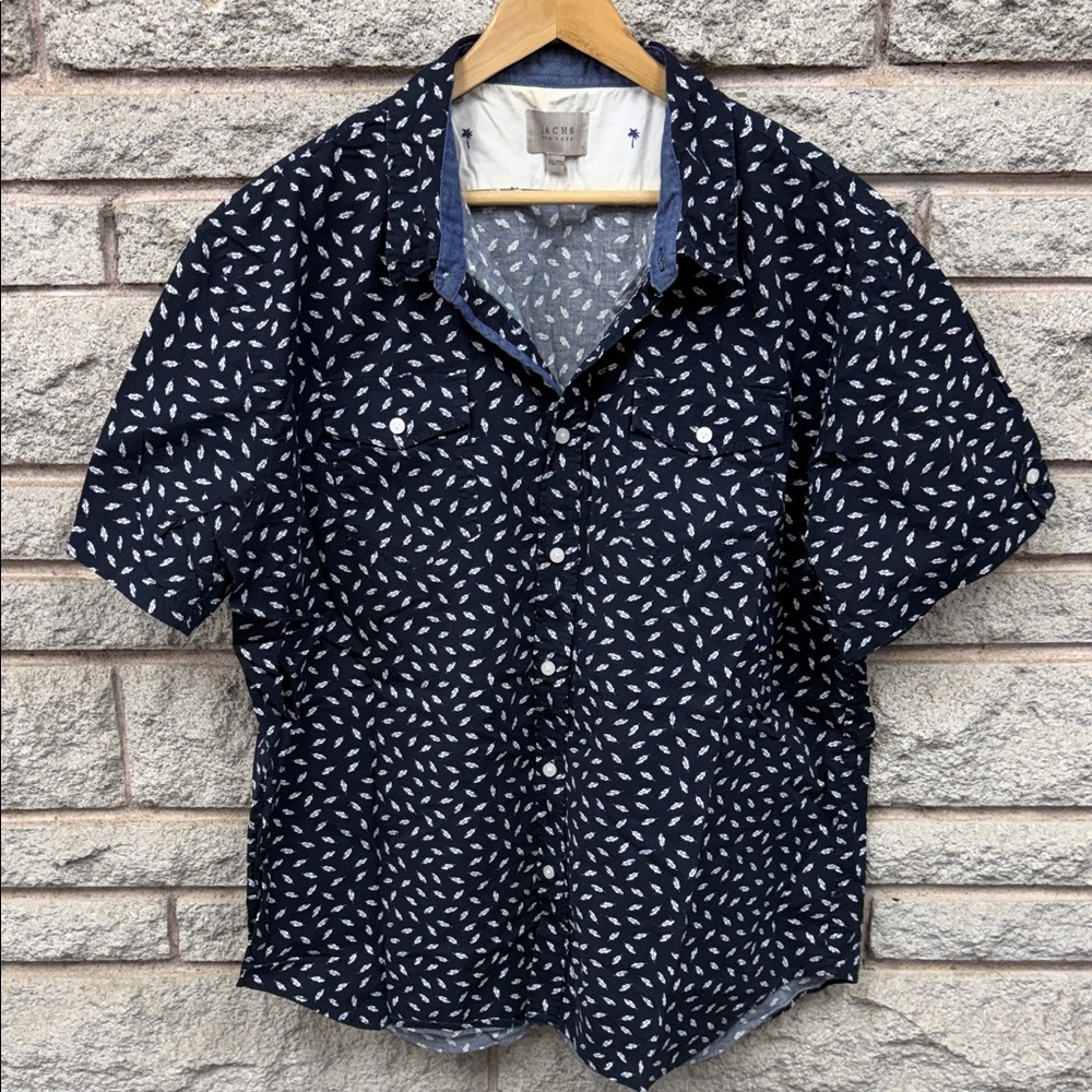 Jachs Navy Leaf Print Casual Shirt